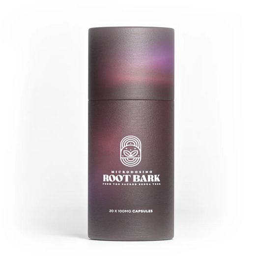 Brown cylindrical container with 'Root Bark' branding on a white background
